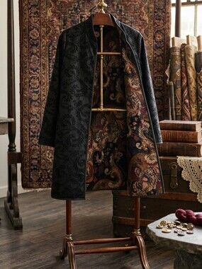 Vintage Reversable Black And Floral Velvet Long Sleeve Duster Jacket